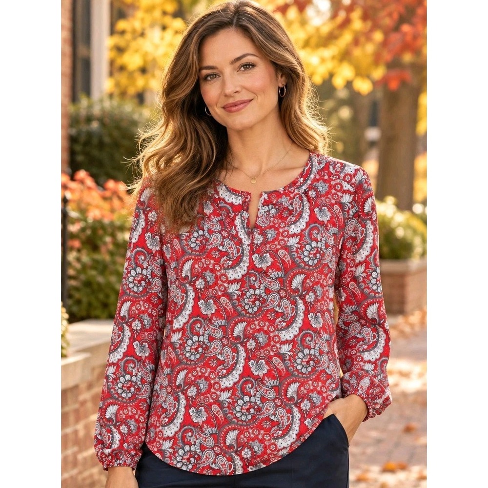 LOFT Petites Red Paisley Balloon Sleeve Blouse Womens PL Boho Career Office Top